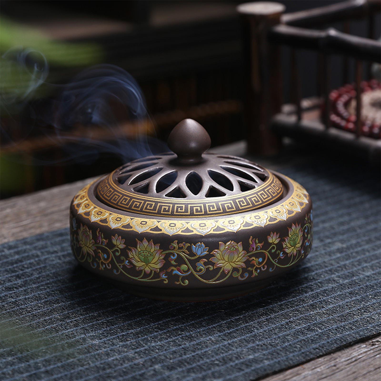 Home Fragrance Zen - 陶器製バーナー 花柄 禅風フレグランスディフューザー コイルホルダー お香立て デスクトップ